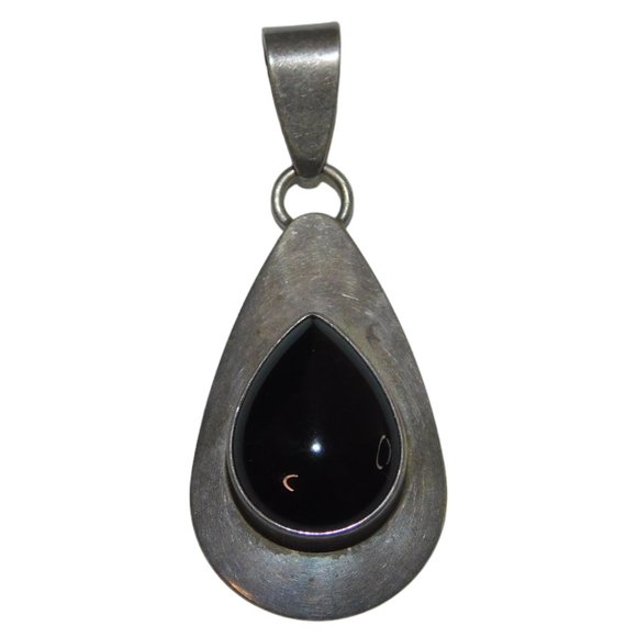 Ella Peter Sterling Silver Navajo Teardrop Pendant With Obsidian Cabochon - Picture 1 of 5